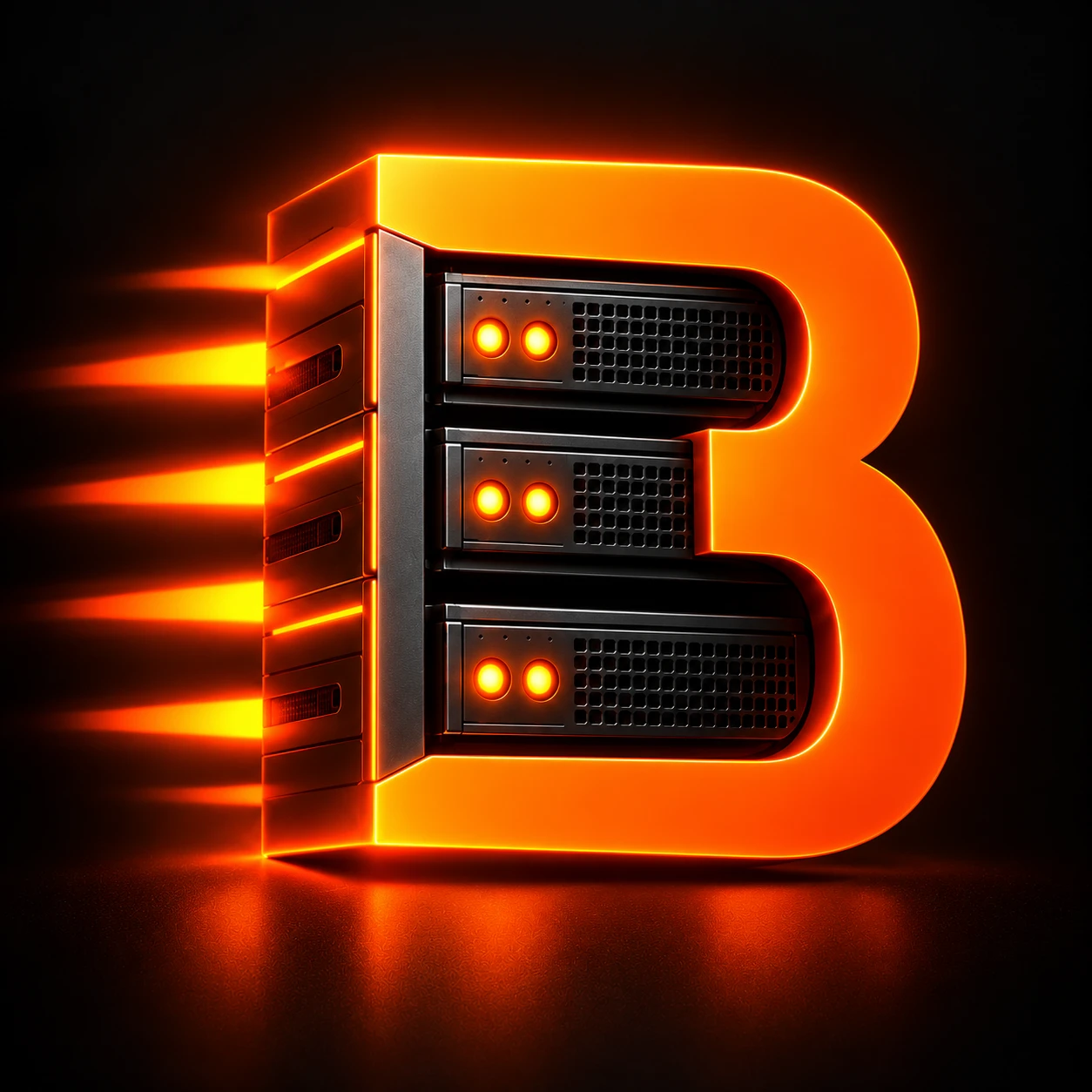 Monograma B da BareNow: a letra B em laranja com três módulos de servidor, LEDs acesos e rastros de velocidade.